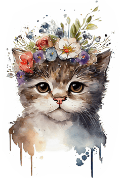 Watercolor cute hand drawn Cat, kitten in floral wreath, flowers bouquet, , png transparent background.