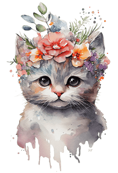 Watercolor cute hand drawn Cat, kitten in floral wreath, flowers bouquet, , png transparent background.