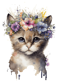 Watercolor cute hand drawn Cat, kitten in floral wreath, flowers bouquet, , png transparent background.
