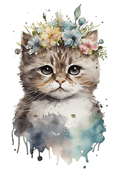 Watercolor cute hand drawn Cat, kitten in floral wreath, flowers bouquet, , png transparent background.