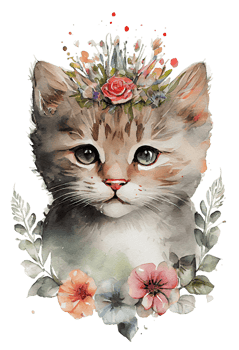 Watercolor cute hand drawn Cat, kitten in floral wreath, flowers bouquet, , png transparent background.