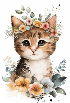 Watercolor cute hand drawn Cat, kitten in floral wreath, flowers bouquet, , png transparent background.