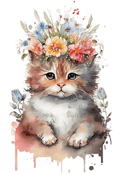 Watercolor cute hand drawn Cat, kitten in floral wreath, flowers bouquet, , png transparent background.