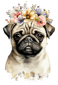 Watercolor cute hand drawn Pug, dog in floral wreath, flowers bouquet, , png transparent background.
