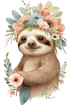 Watercolor cute hand drawn sloth, Sloth in floral wreath, flowers bouquet, , png transparent background.