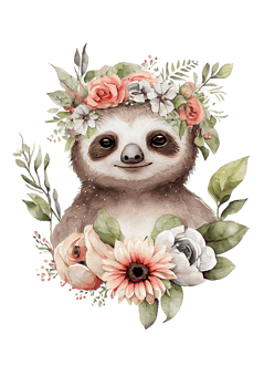 Watercolor cute hand drawn sloth, Sloth in floral wreath, flowers bouquet, , png transparent background.