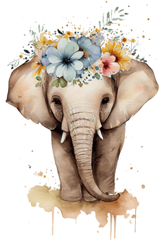 Watercolor cute hand drawn elephant, elephant in floral wreath, flowers bouquet, png
