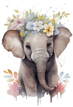 Watercolor cute hand drawn elephant, elephant in floral wreath, flowers bouquet, png