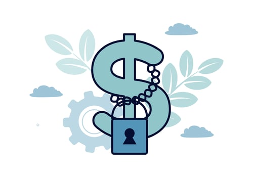 Finance. Debt. Dollar sign on which a chain with a padlock hangs, the inscription debt. Vector illustration