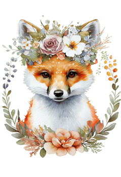 Watercolor cute hand drawn Fox, Fox in floral wreath, flowers bouquet, png