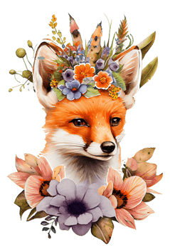 Watercolor cute hand drawn Fox, Fox in floral wreath, flowers bouquet, png