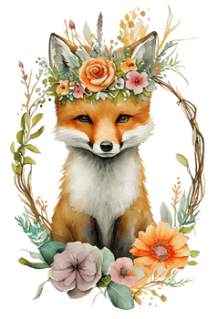 Watercolor cute hand drawn Fox, Fox in floral wreath, flowers bouquet, png