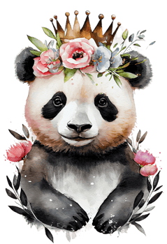 Watercolor cute hand drawn panda, Panda in floral wreath, flowers bouquet, png