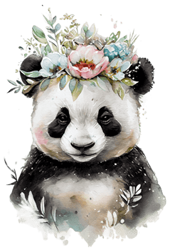 Watercolor cute hand drawn panda, Panda in floral wreath, flowers bouquet, png