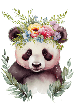 Watercolor cute hand drawn panda, Panda in floral wreath, flowers bouquet, png