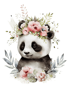 Watercolor cute hand drawn panda, Panda in floral wreath, flowers bouquet, png