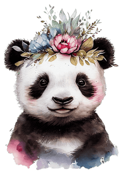 Watercolor cute hand drawn panda, Panda in floral wreath, flowers bouquet, png