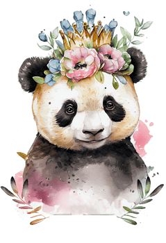Watercolor cute hand drawn panda, Panda in floral wreath, flowers bouquet, png