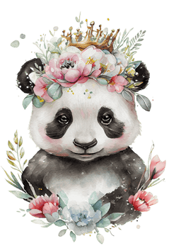 Watercolor cute hand drawn panda, Panda in floral wreath, flowers bouquet, png