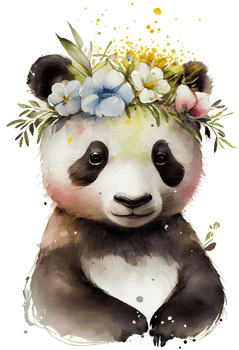 Watercolor cute hand drawn panda, Panda in floral wreath, flowers bouquet, png