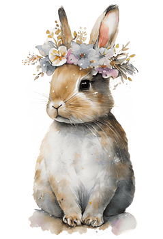 Watercolor cute hand drawn rabbit, Bunny in floral wreath, flowers bouquet, png