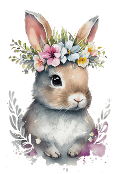 Watercolor cute hand drawn rabbit, Bunny in floral wreath, flowers bouquet, png