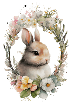 Watercolor cute hand drawn rabbit, Bunny in floral wreath, flowers bouquet, png