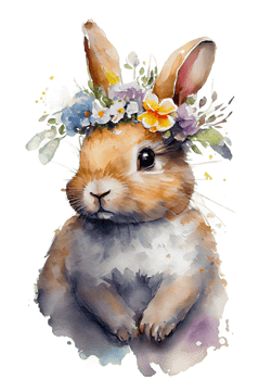 Watercolor cute hand drawn rabbit, Bunny in floral wreath, flowers bouquet, png