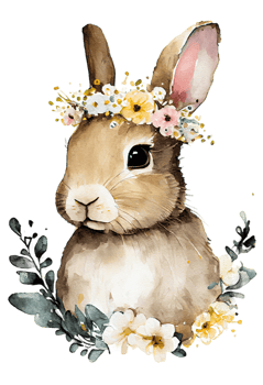 Watercolor cute hand drawn rabbit, Bunny in floral wreath, flowers bouquet, png