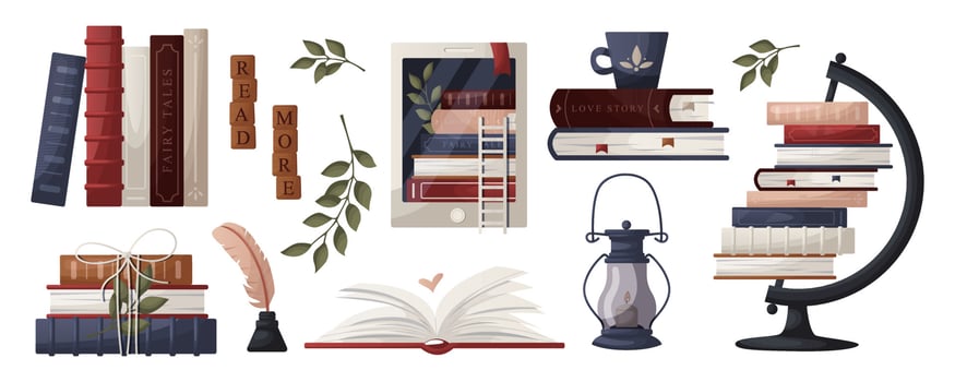 Set of stack of books, globe, inkwell quill, plant, lantern, ebook, cup tea. World book day. Bookstore, bookshop, library, book lover, bibliophile, education. Vector for poster, cover, advertising