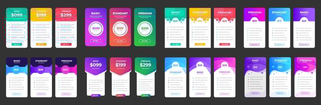 Ui UX pricing design tables with tariffs, subscription features checklist and business plans set. pricing plans table pricing chart Price list for web or app. Product Comparison business web plans. vector