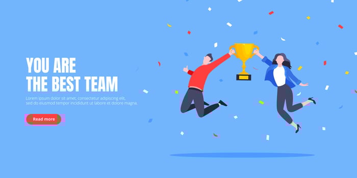 Happy business employee team winners award ceremony flat style design vector illustration.