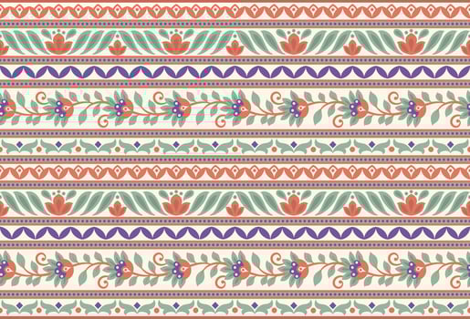 Set Ethnic Seamless borders and flower ornament, motif draws working illustration flowers and  ornament motif India design elements Neckline pattern or, repeat the floral texture vector