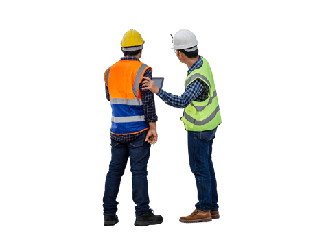 Engineer and foreman worker checking project at building site, Engineer and builders in hardhats discussing on construction site png