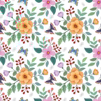 beautiful flowers and green leaf with butterfly seamless pattern. vector
