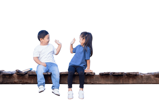 Children sitting on wooden bridge, Happy kids boy and girl having fun outdoor, brother and sister playing outdoors png