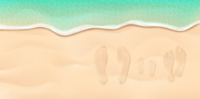 Mom, Dad And Kid Footprints On The Sand Beach Near The Sea Surf. Summer Vacation Family Concept. Vector Realistic Illustration. Top View