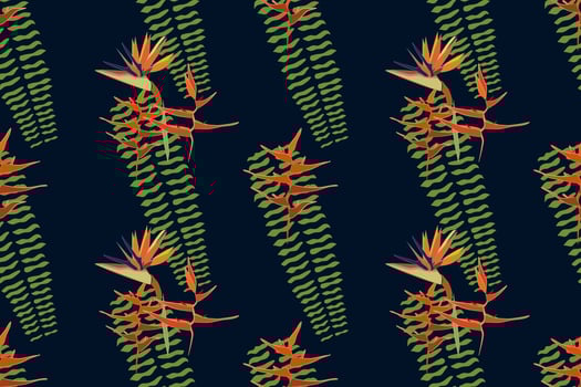 Modern Heliconia bird of paradise , anthurium, leaf seamless pattern.Tropical jungle leaves. Exotic plants, vector illustration Modern pattern seamless hand drawing design for fabric interior, textile