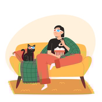 A young woman and her cat are sitting on a cozy sofa and watching a movie vector