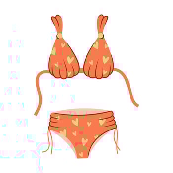 A pink two-piece swimsuit with a green heart. The top and bottom of swimsuits. Summer beachwear. Vector illustration in a flat style.