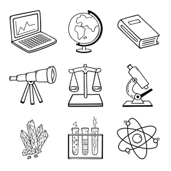 Science and education. Set of 9 vector hand drawn doodle style elements.