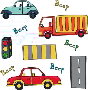 Children's illustration with cars, traffic lights and roads. vector