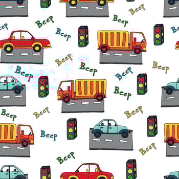Children's illustration with cars, traffic lights and roads. Seamless pattern vector