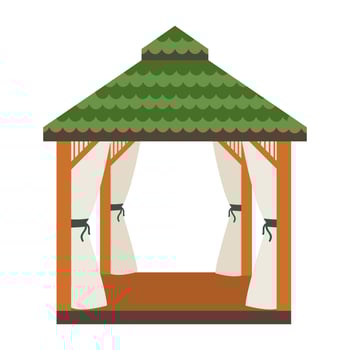 Vector gazebo with green roof. Pergola for relaxing in the garden. Light architectural structure located in a garden or park. White isolated background.