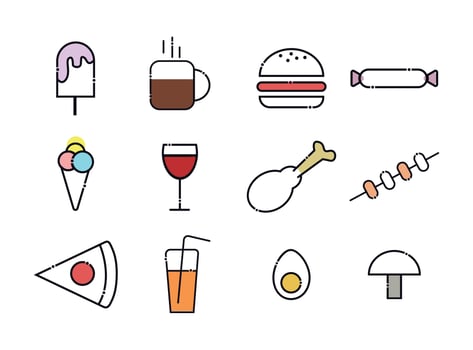 A set of food icons. Includes ice cream, tea, coffee, burger, candy, ice cream, glass of wine, chicken leg, kebab, pizza, juice, egg, mushroom vector