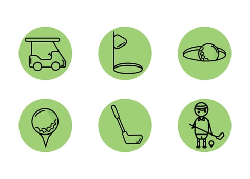 Golf icon set on a green background. Flagpole near the hole. The ball in the hole. The ball on the stand. vector