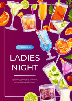 Promo flyer with classic cocktails blue lagoon, blood mary. Italian aperitif. Ladies night. Alcoholic beverage drinks bar menu.Beach Holidays, summer vacation, party, recreation. A4 for poster, banner vector
