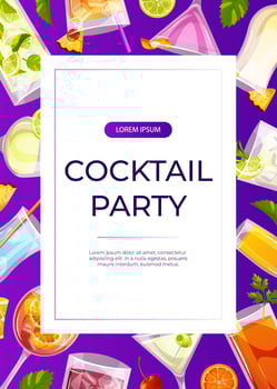 Promo flyer with classic cocktails blue lagoon,martini. Italian aperitif. Cocltail party. Alcoholic beverage drinks bar menu.Beach Holidays, summer vacation, recreation. A4 for poster, banner vector