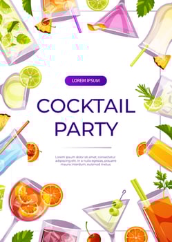 Promo flyer with classic cocktails blue lagoon, blood mary. Italian aperitif. Cocltail party. Alcoholic beverage drinks bar menu.Beach Holidays, summer vacation, recreation. A4 for poster, banner vector