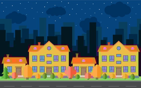 Vector night city with four cartoon houses and buildings. City space with road on flat style background concept. Summer urban landscape. Street view with cityscape on a background